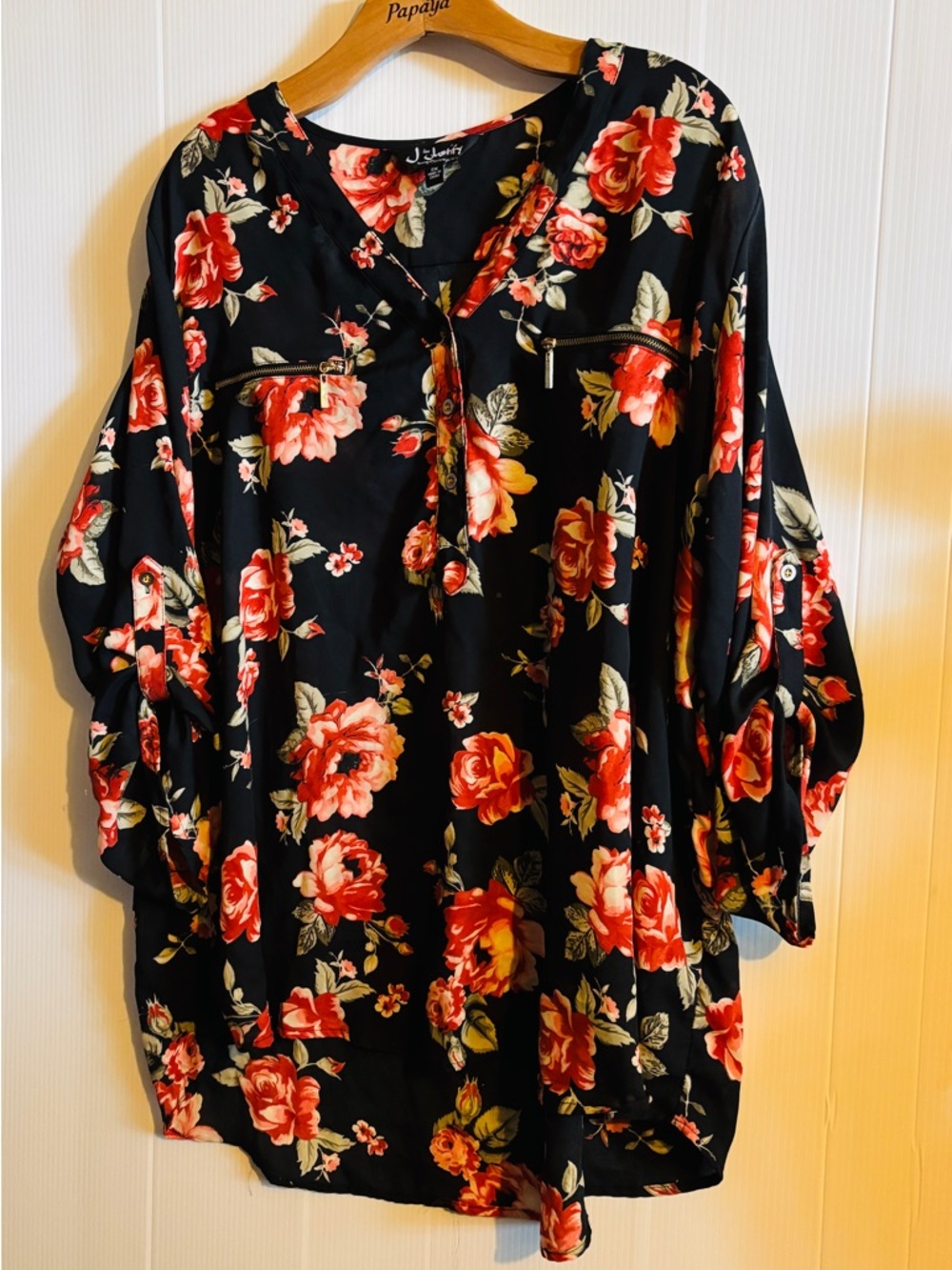 J for Justify Black Blouse with Red & Cream Rose Print